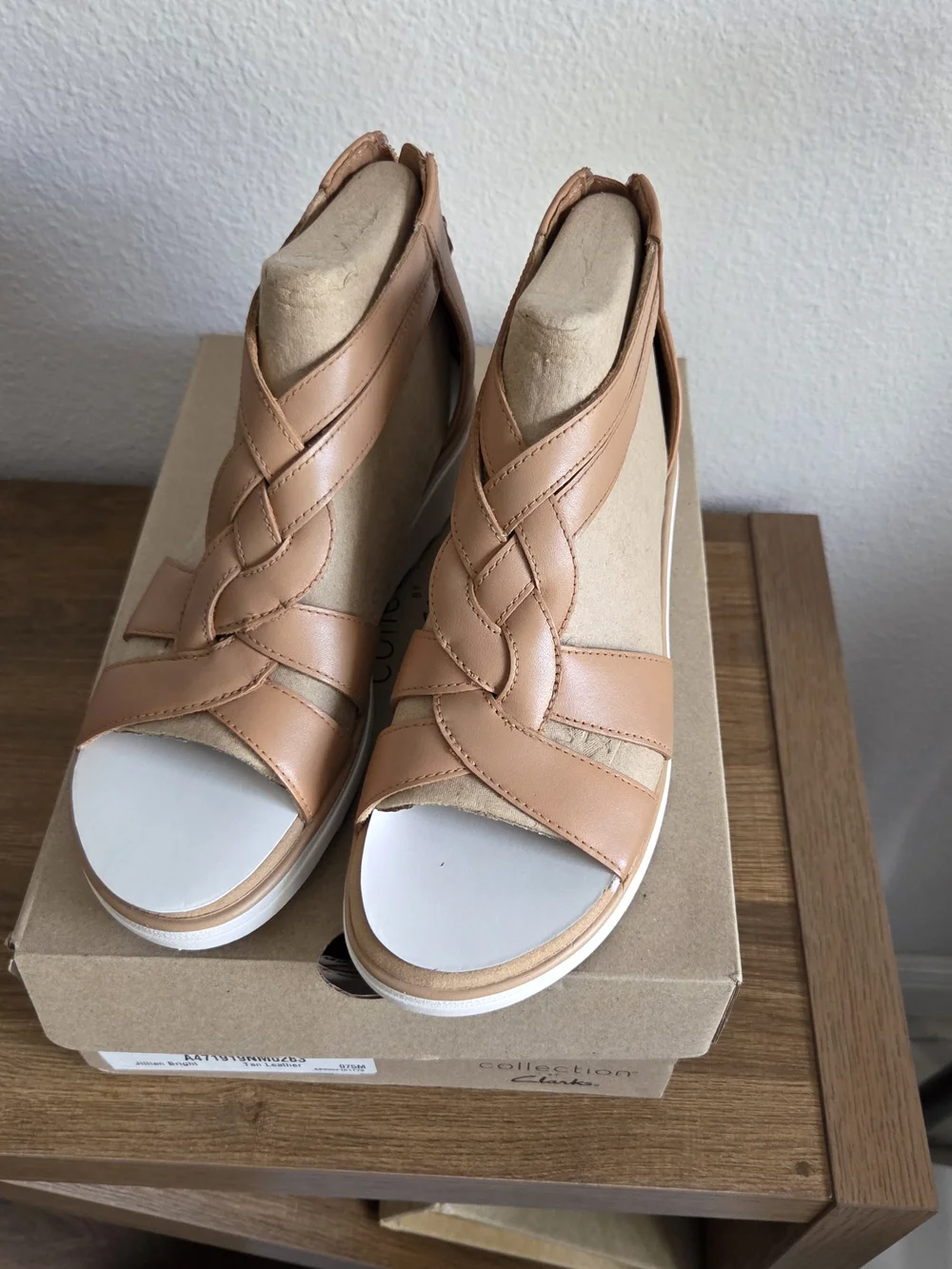 Clarks Braided Leather Wedge Slingback Sandals — Tan